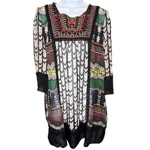 NESLAY Multicolor Geometric Embroidered Boho Tunic Top Sz L Art to Wear Festival